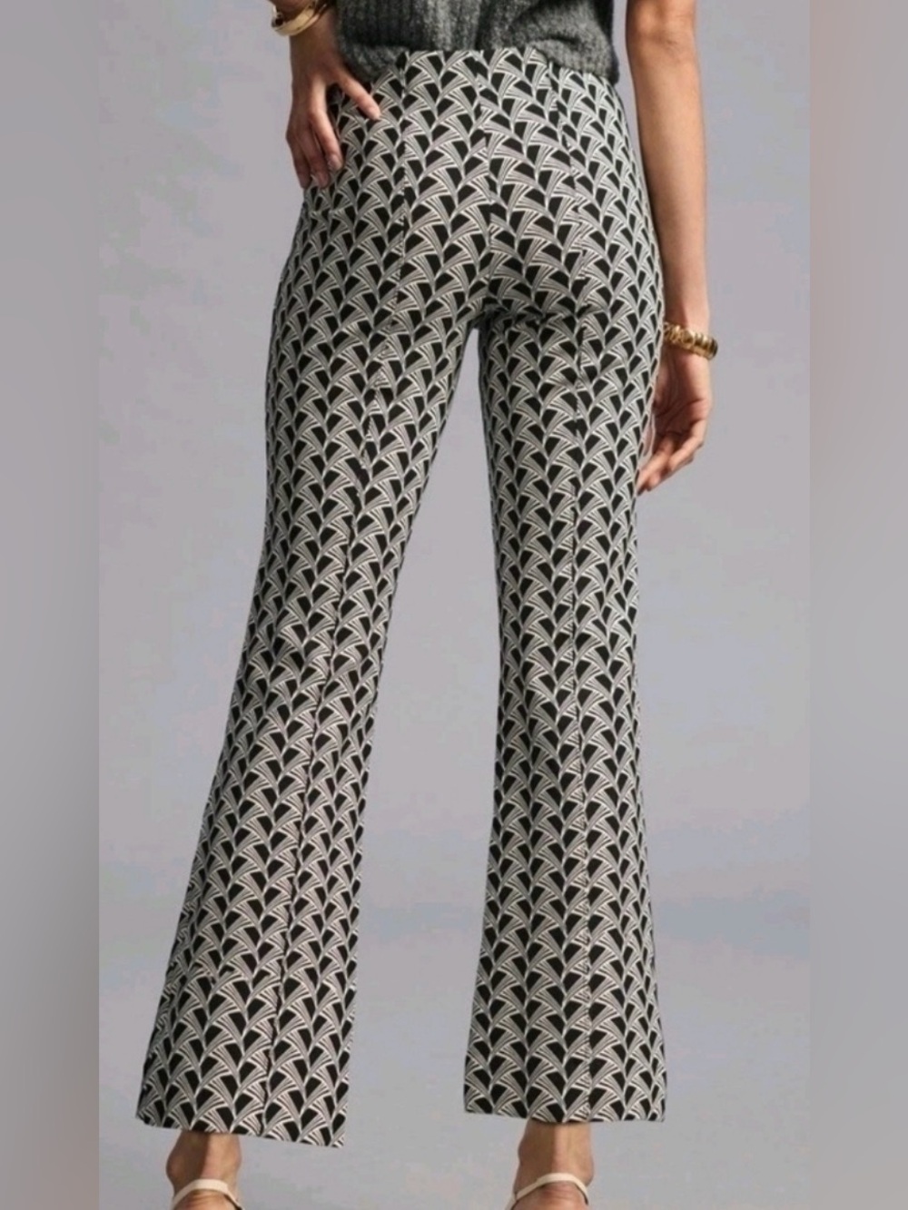 Maeve by Anthropologie The Margot Pants M Black White Geometric Cropped Flare - Picture 2 of 9